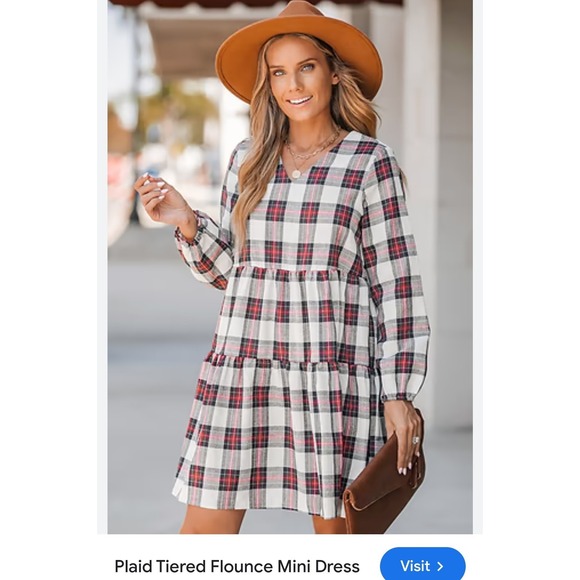 Cupshe Womens XL Plaid Tiered Flounce Mini Dress V neck‎ Black Red White - Picture 4 of 9